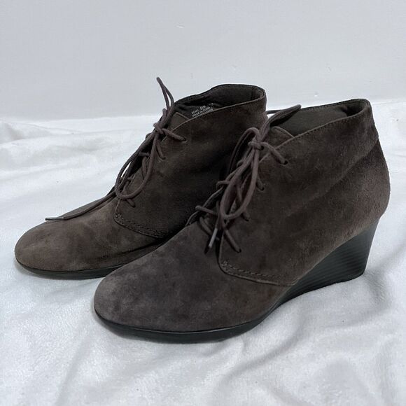 Clarks Bendables Suede Wedge Booties Size 8.5 M Gray Bohemian Lace Front Witchy - Picture 2 of 7